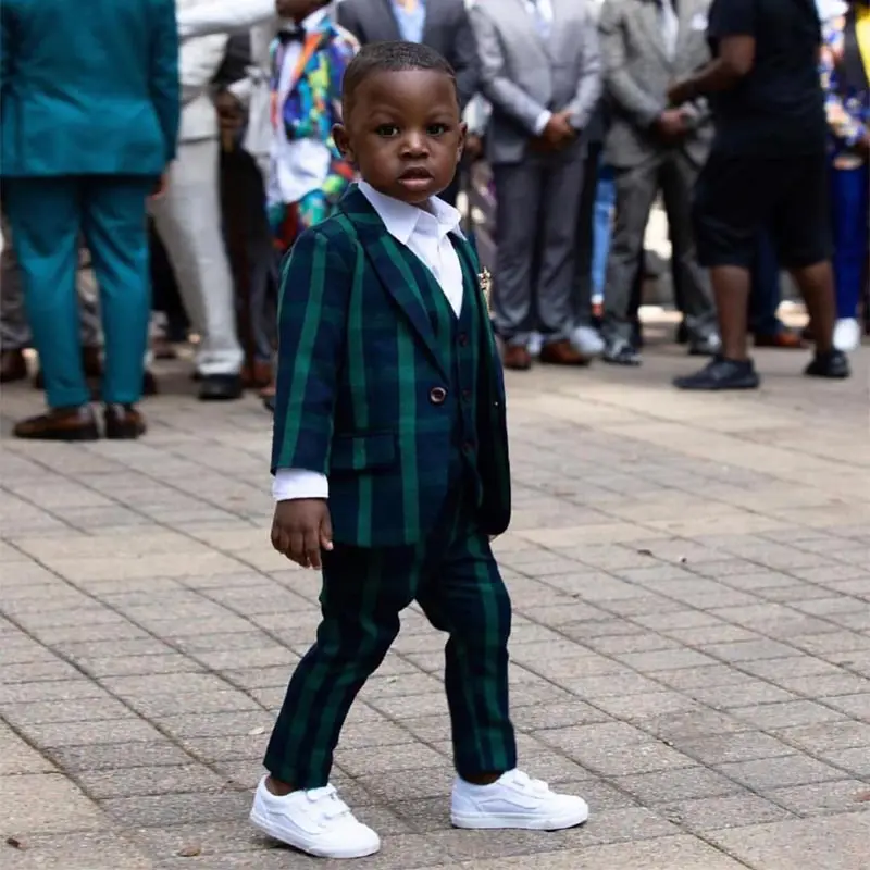 

Green Checked Boy's Blazers Shawl Lapel Children Tuxedos Ring Bearer Kid Formal Wear For Wedding With Jackets And Vest Trousers