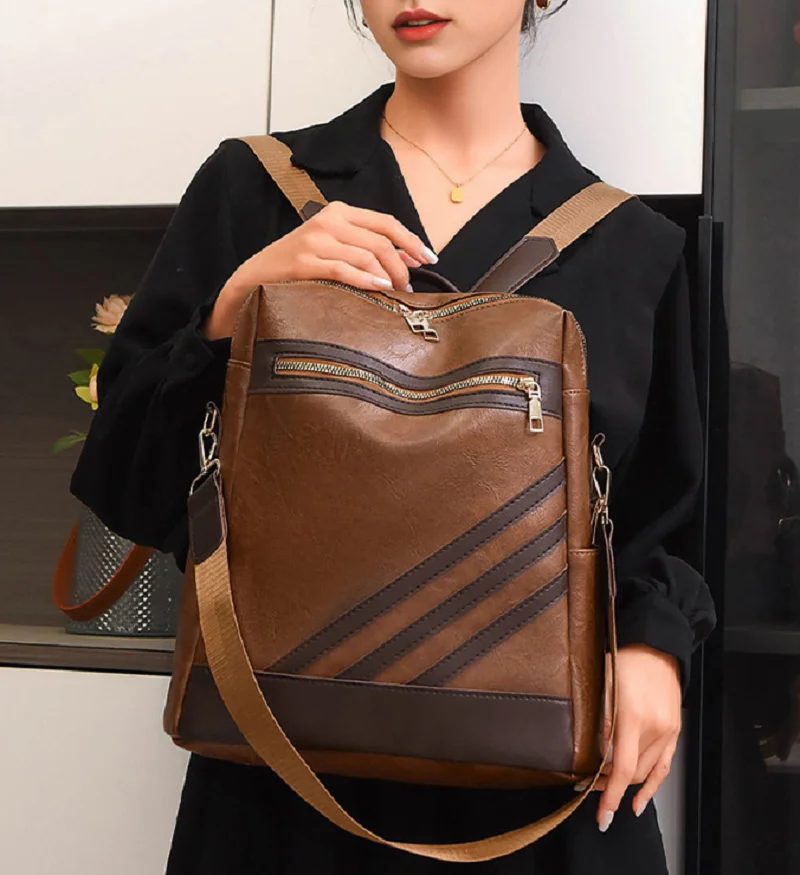 New Fashion Vintage High Quality Leather Travel Backpacks Women Large Capacity Shoulder Bags Totes School Bag Crossbody Bagpack