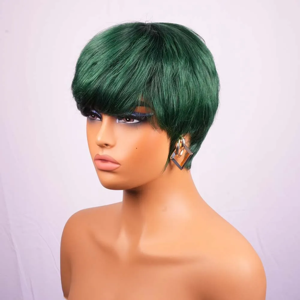 شعر مستعار بقص عابث مع غرة، شعر بشري ريمي قصير مستقيم، شعر مستعار أخضر للنساء، شعر مستعار بأسعار معقولة