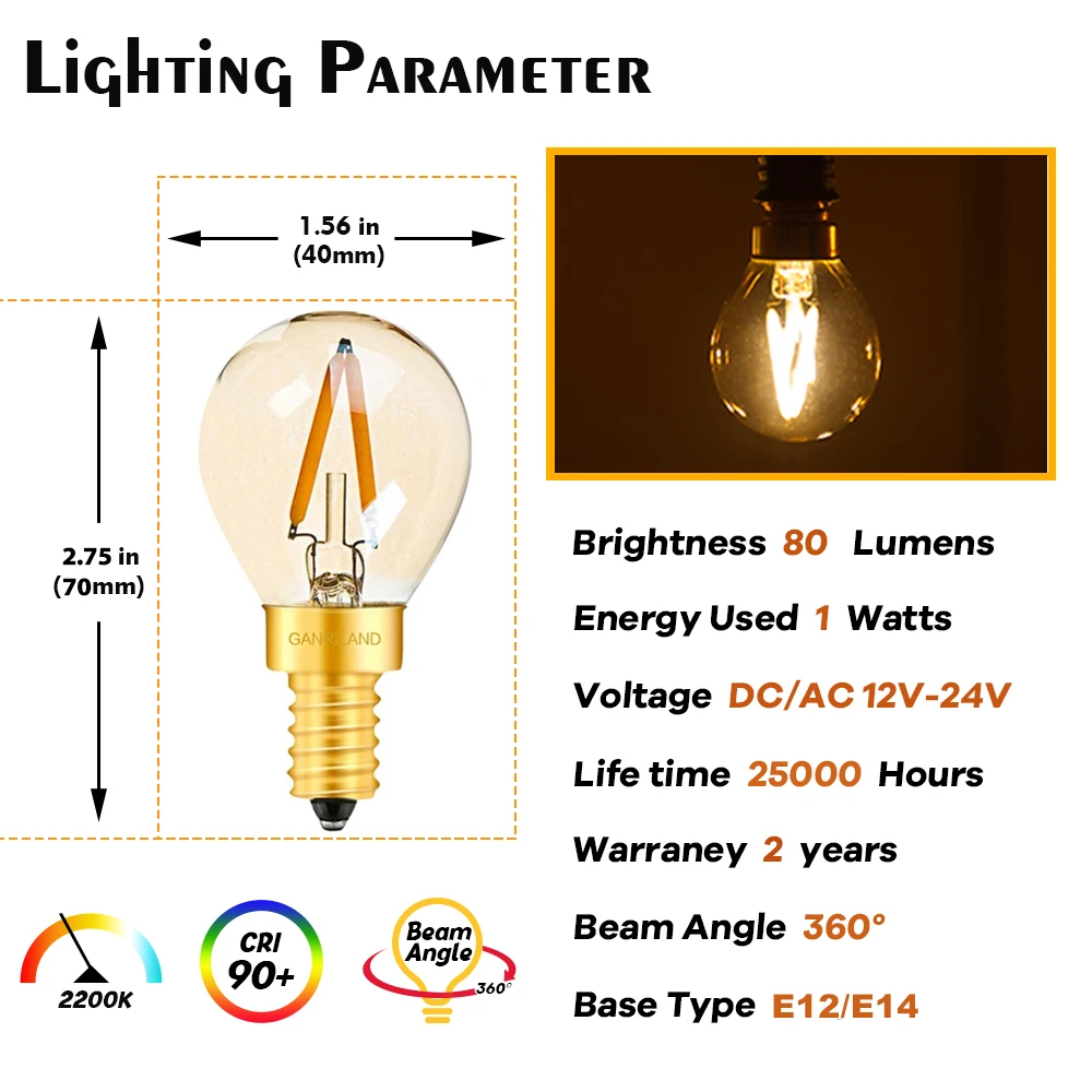 GANRILAND E27 DC12V 24V LED Light Bulb G40 1W E12 E14 Base Amber Glass 2200K Low Voltage Lamp Bulb For RV Locomotive Ship Cabin