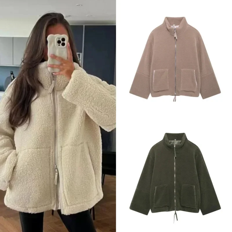 

Lamb Wool Hoodie Women Europe America Autumn Winter Japan Korea Solid Color Lazy Zipper High Neck Round Neck Woolen Coat Top New