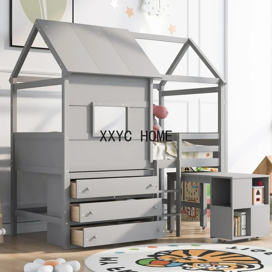 

Twin Size House Loft Bed,Twin bed with Sturdy Wood Frame,Pullable Desk with Storage and 3 Drawer Chest,Safety Storage Kids Bed