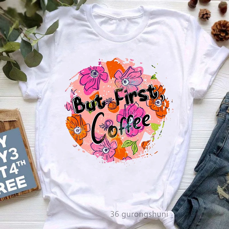 

But Coffee Is First Butterfly Print Tshirt Women Clothes 2024 White Causal T Shirt Femme Summer Fashion Tops Tee Shirt Female