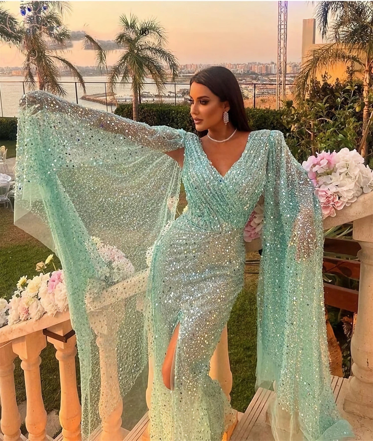 Mint Green Elegant Evening Dresses for Women Mermaid Quinceanera Shawl Luxury Dress Shiny Arabic Customized Prom Gala Formal New