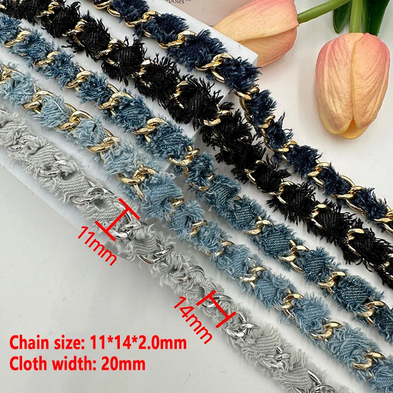 90cm Denim Braided Metal Chain Lace DIY Clothing Shoes Hats and Bags Decorative Chain Denim Fabric Trim Strips Materials