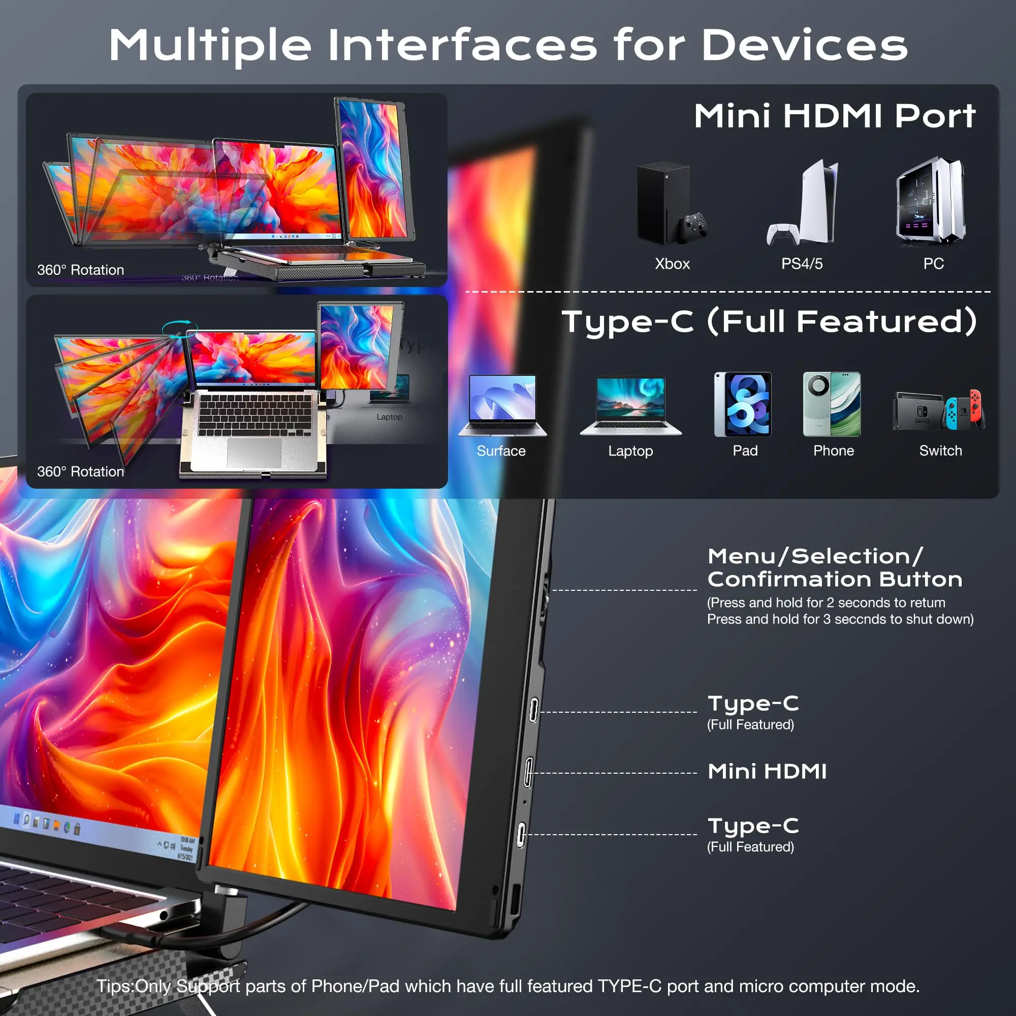 Для Mac/Wins/Chrome 14-дюймовый ЖК-дисплей Plug Play IPS, легко складной, с несколькими дисплеями, USB C, удлинитель экрана ноутбука