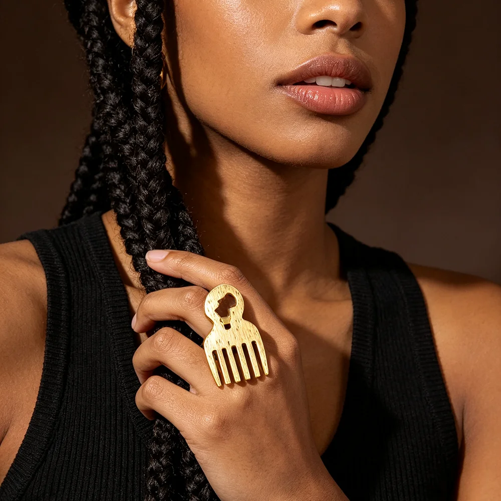 18K vergoldetes afrikanisches Kamm-Ohrringe- & Ring-Set für Damen, gebürsteter, strukturierter ethnischer Statement-Schmuck, Hochzeitsgeschenk – Detail 7