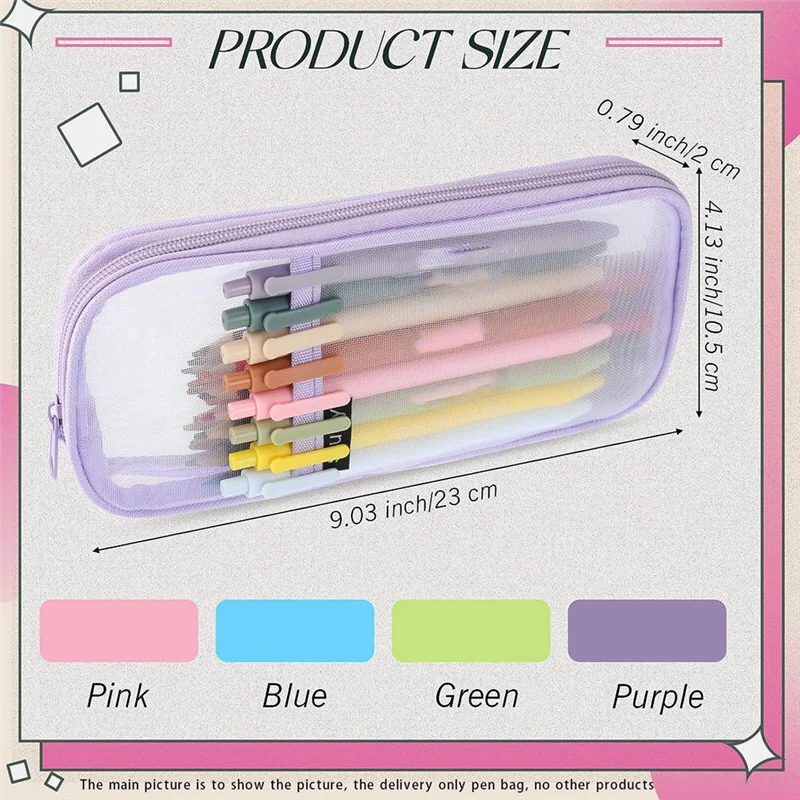 4 Pcs Grid Mesh Pencil Case with Zipper Clear Pencil Pouch Visible Pen Bag Multi-Purpose Transparent Makeup Bag