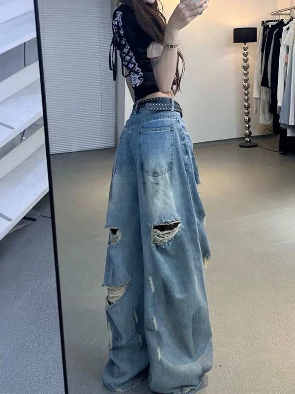Trendy High-Waisted Wide Leg Jeans Women's Loose Fit Casual Sle Faded Effect Zipper Closure Blue Denim Pants Street Sle