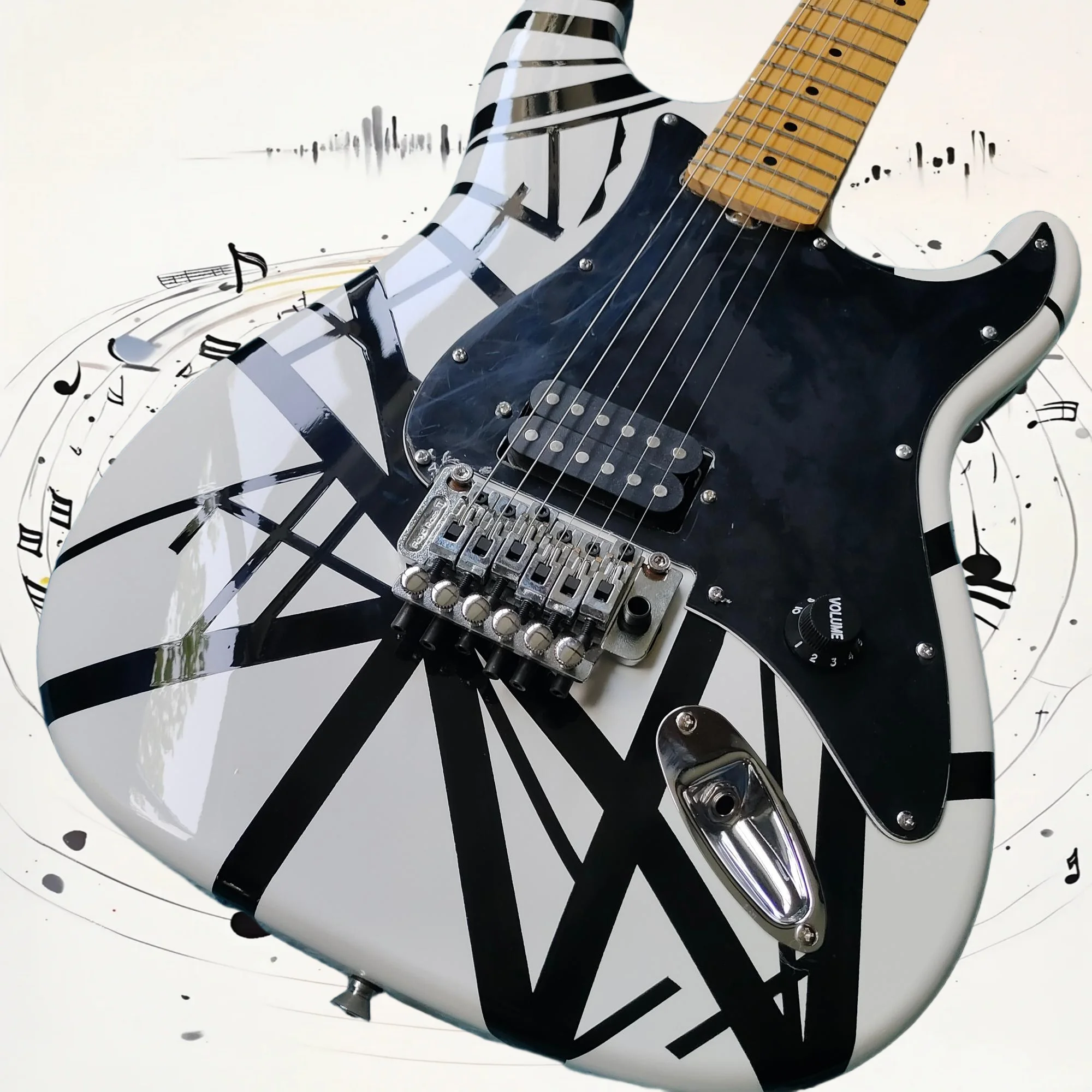 Free Shipping ST Electric Guitar Black White Stripe 6 String H  EQ  Maple Neck Smooth Fretboard Beginner Gift