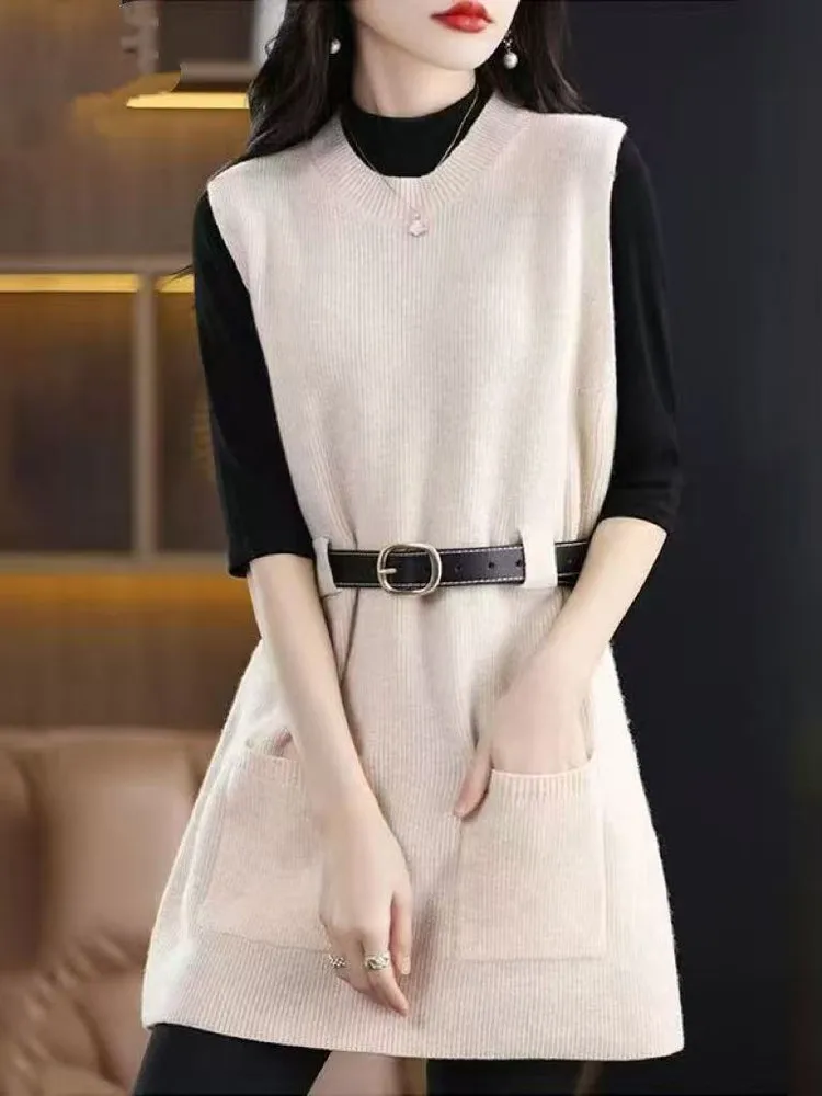 

Autumn Winter New Style Women's Knitted Wool Vest Dress Belted Pocket Mid-Length Sleeveless Dress Outerwear Shoulder Pad