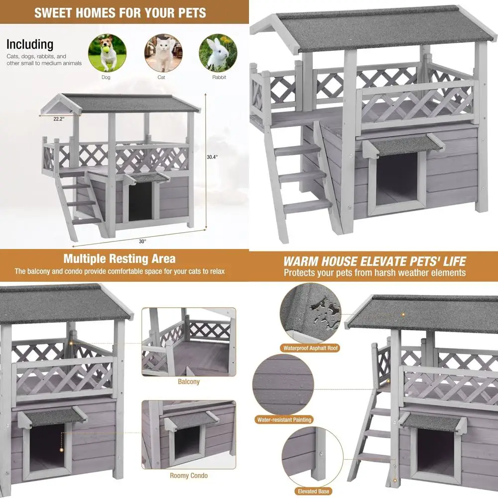 

Weatherproof Outdoor Cat House with Balcony and Stairway for Two Cats