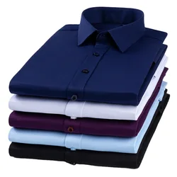 Camisa antiarrugas elástica de fibra de bambú para hombre, Camisa de vestir de manga larga, ajustada, blusa para negocios sociales, Blanca