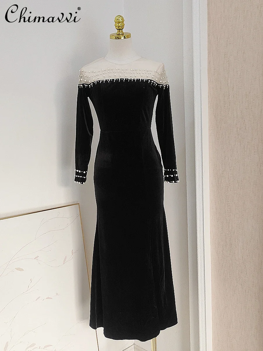 

French Elegant Socialite Mesh Splicing Pearls Bead Round Neck Long Sleeve High Waist Slim Split Velvet Evening Dress For Women