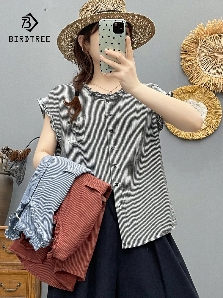 

New 2025 Autumn Cotton Sleeveless Shirt, Women Stand Striped Ruffles Patchwork, Mori Girl Fashion Casual Loose Blouse T58821CC