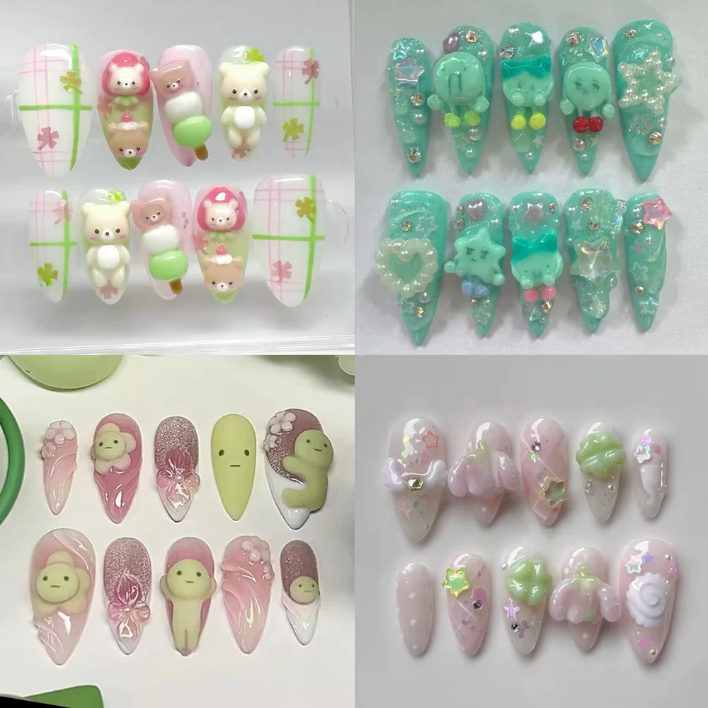 

Cute Rilakkuma Ancient Little Animals Long Stiletto Handmade Fake Nails Star Hand-Drawn French Music Note Wings Press On Nails