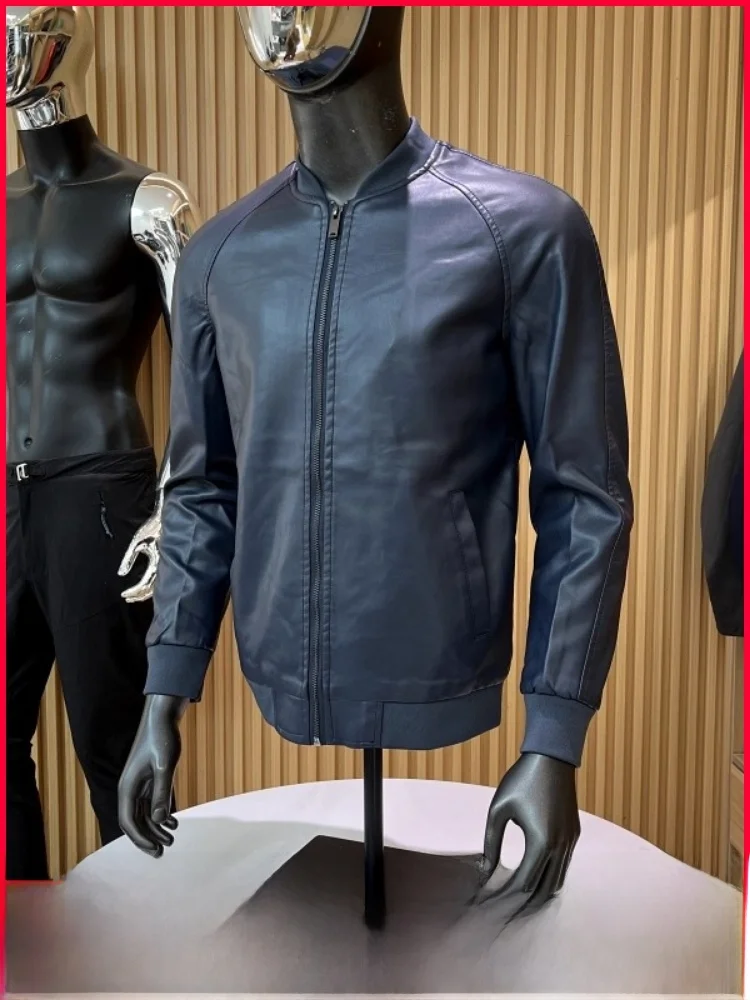 

Waed PU Leather Jaet Men's Baseball Collar Biker Sle Casual All-Match Autumn Outerwear Faion Urban Youth