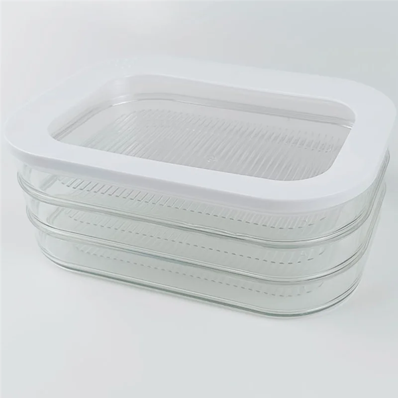 Caja de almacenamiento de piezas de carne de 3 niveles, tapa hermética, apto para lavavajillas, 3 capas, 1,6 l