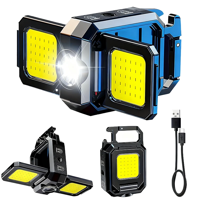 Mini Flashlight Keychain Light COB Work Light USB Rechargeable Lamp with 90° Foldable Side Lights Super Bright Portable Lanterns
