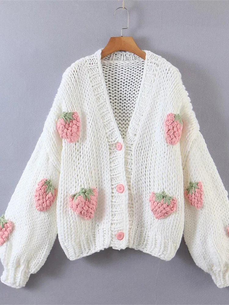 Strawberry Printed Crochet Cardigans Women Winter Korean Style Loose Knitting Sweater Female Fashion Casual V Neck Cardigan Tops