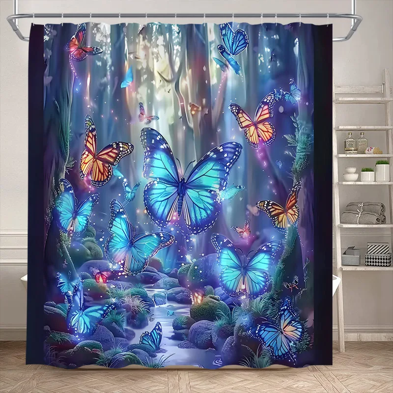 

Fantasy Forest Butterfly Shower Curtains Jungle Trees Plant Blue Butterflies Watercolour Art Modern Bathroom Bath Curtain Decor