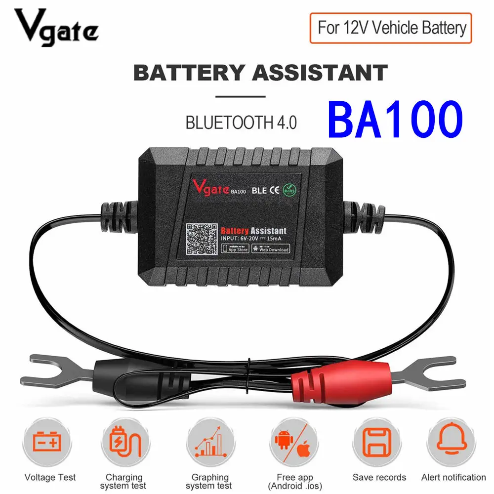 

Vgate BA100 12 В Vgate Автомобильный аккумулятор Assistant Bluetooth BLE4.0 BA100 Автоматический анализатор аккумулятора Тестер Работа Android и IOS