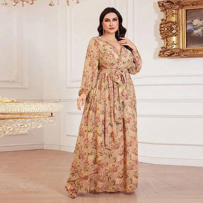 

KYP284 Large Size Spring Summer Autumn Winter Wedding Dr Long Sve Plant Floral Print Chiffon A-Line Gown for Bridesmaids