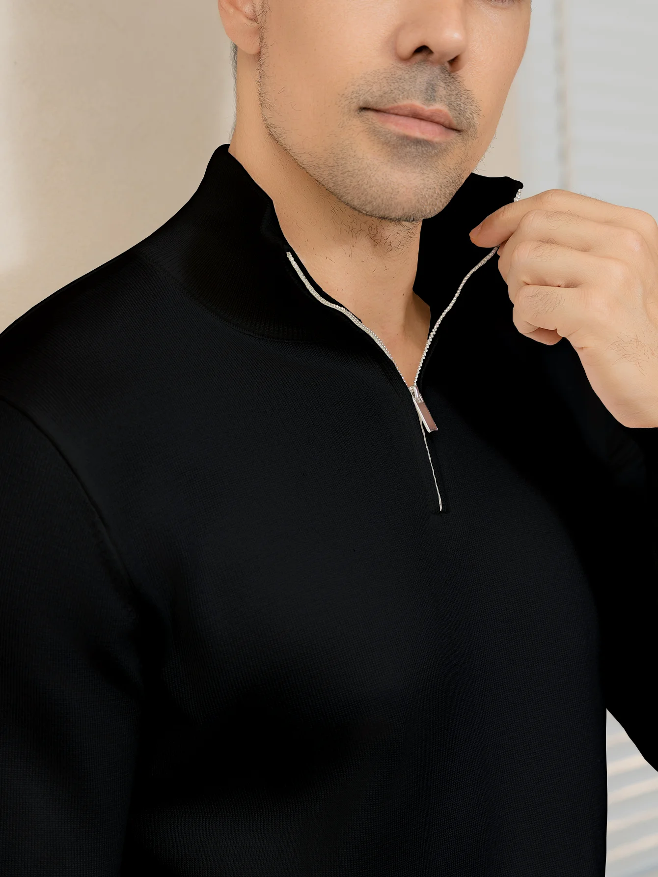 

LVLAEA Bodycon Men Fall Winter Loungewear Half Zipper-up Men Shirt Long Sleeve Zipper-up Collar Solid Color Casual Knitting Pull