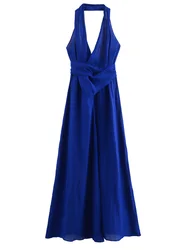 KAOPU ZA Women with ties open back midi dress vintage halter-neck sleeveless flared hem female dresses vestidos mujer