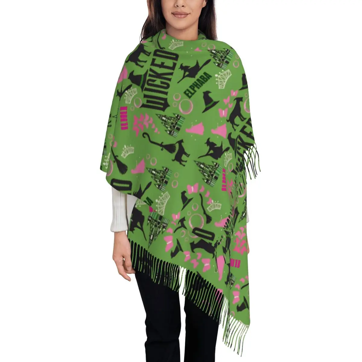 Wicked For Good Scarf for Women Winter Fall Cashmere Shawl Wrap Musical Movie Long Scarves with Tassel for Daily Wear