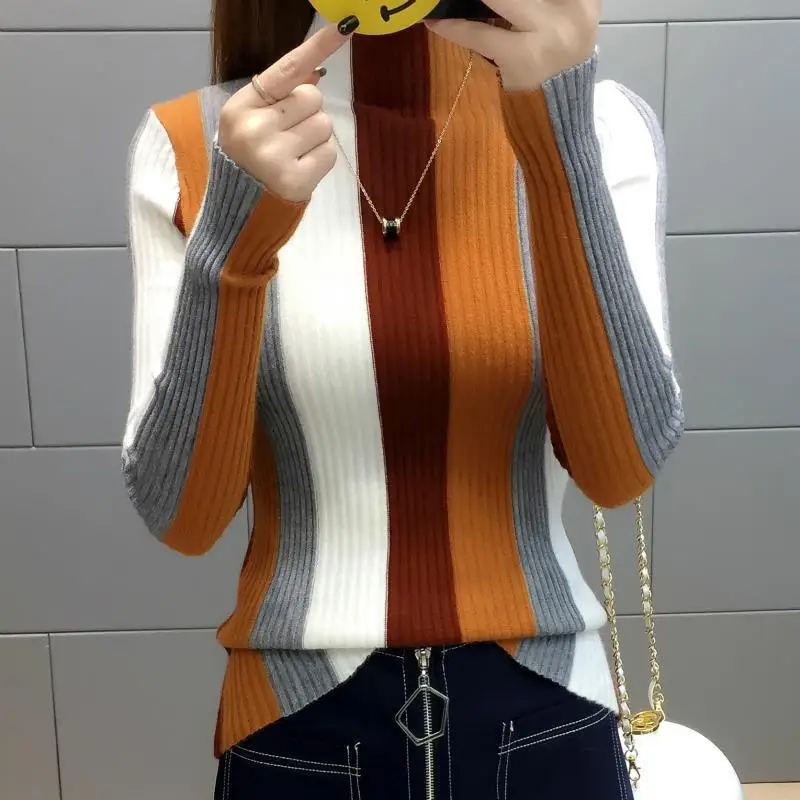 Autumn and Winter Women\'s Pullover Stripe Colored Half High Neck Loose Fit Sweater Knitted Bottom Fashion Elegant Casual Tops