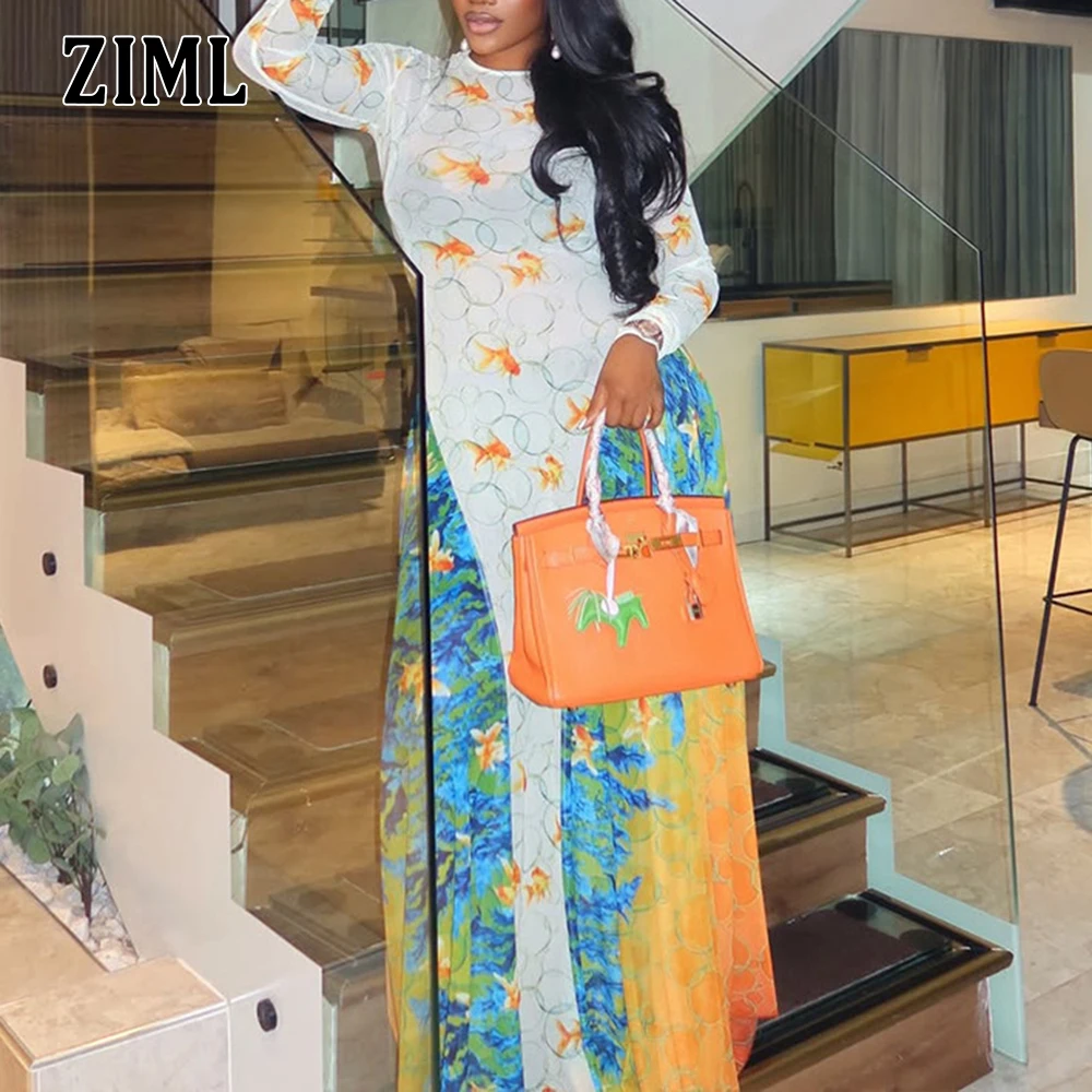 

ZIML Hit Color Printing Slimming A Line Dresses for Women Round Neck Long Sleeve High Waist Temperament Dress Female Fashion New