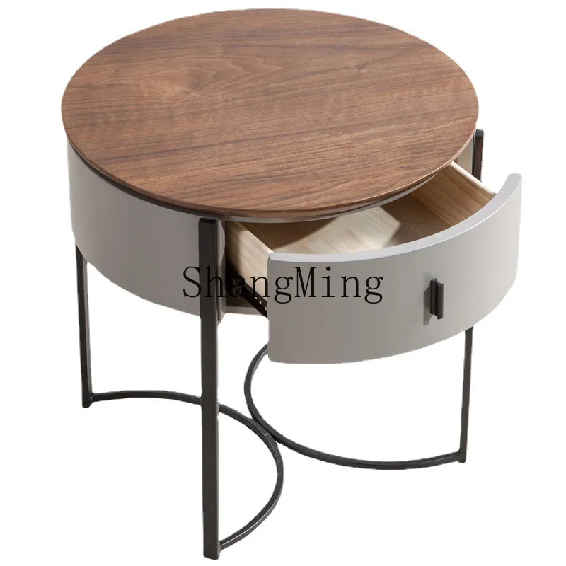 

ZYY household minimalist round solid wood modern minimalist walnut bedside table Nordic side cabinet