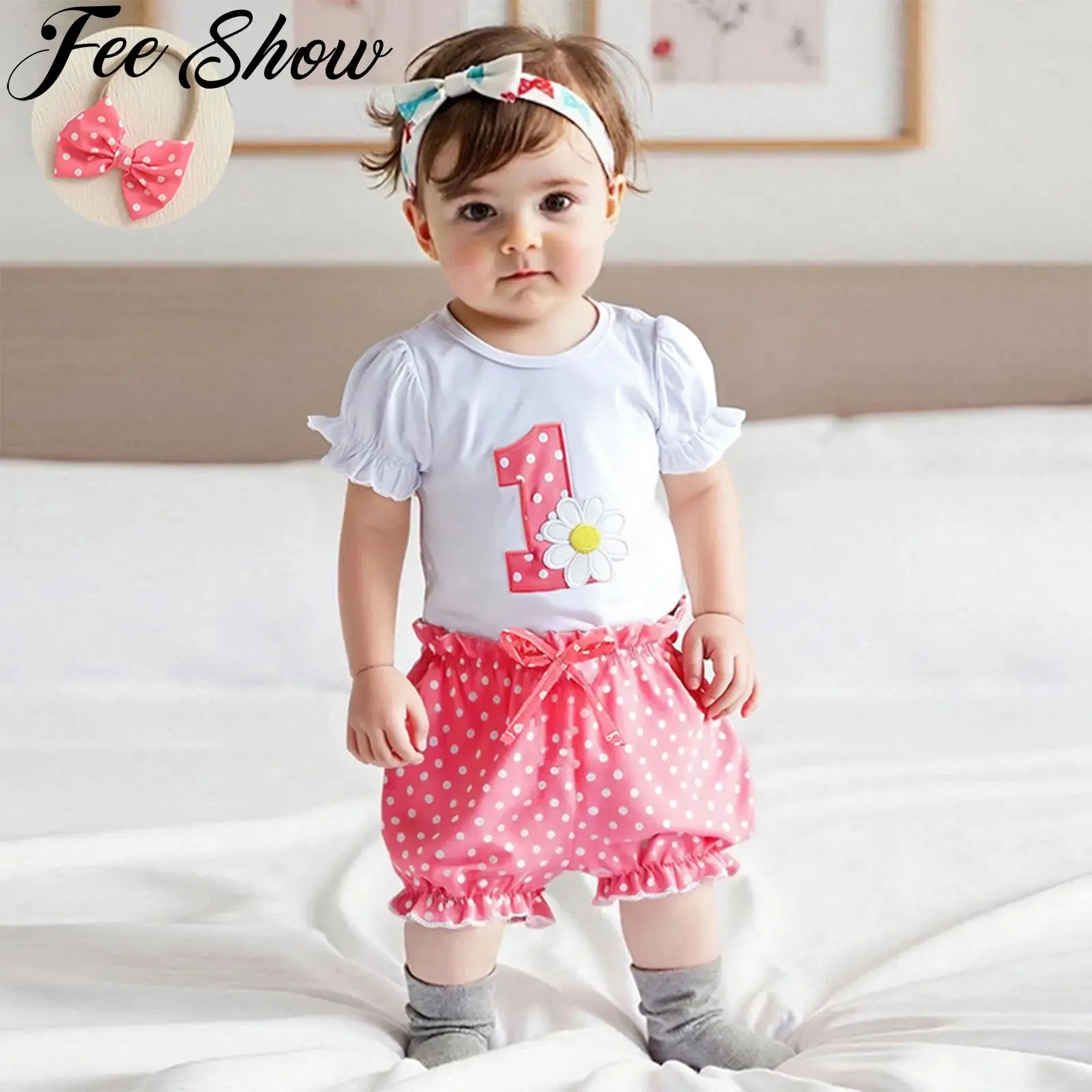 

Baby Girls Cute 1st Birthday Outfit Short Puff Sleeves Flower Embroidery Rompers with Shorts Headband Summer Party Kids Clothing