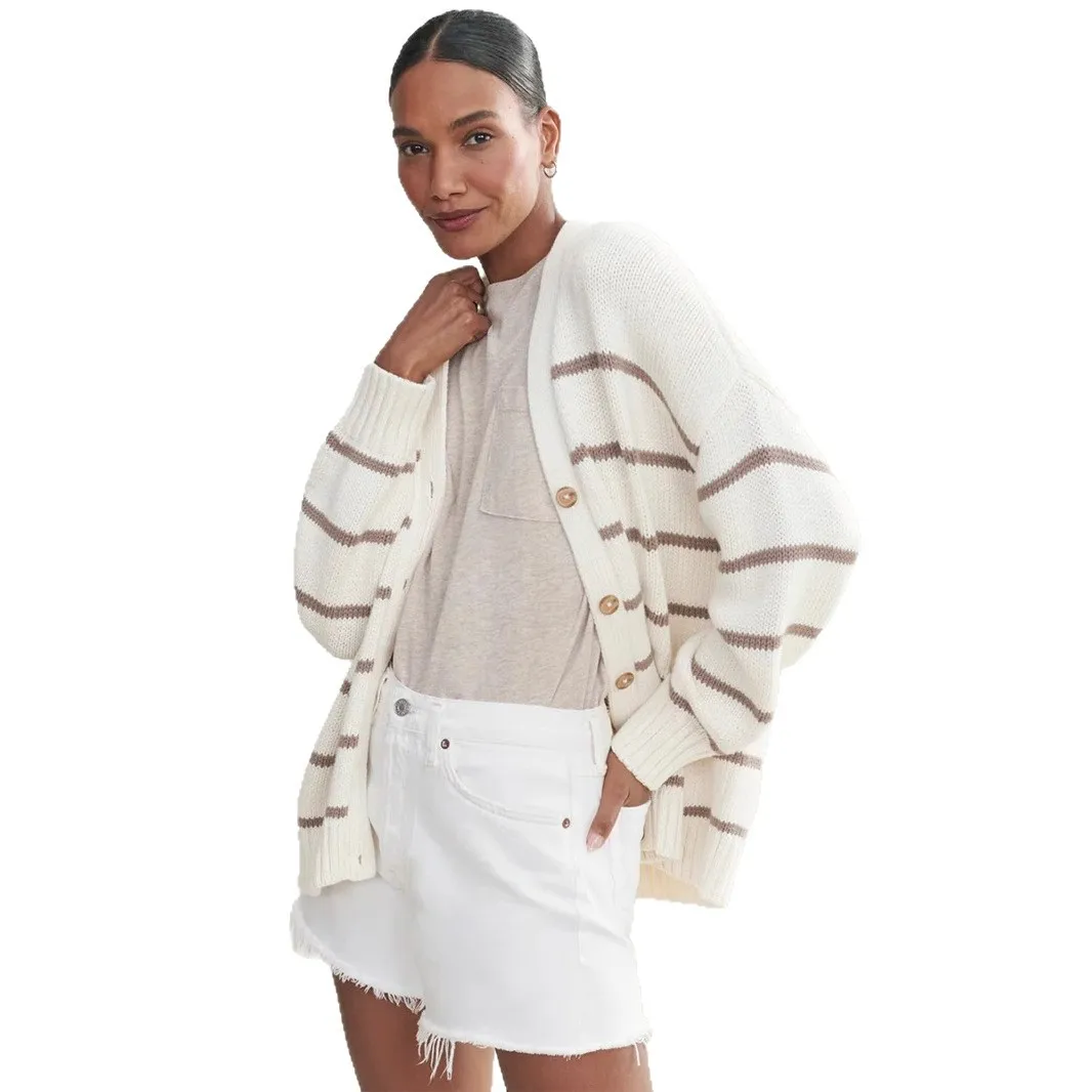 Cárdigan de punto a rayas para mujer, cárdigan con cuello en V, suéter de algodón puro a rayas, otoño e invierno, 2025