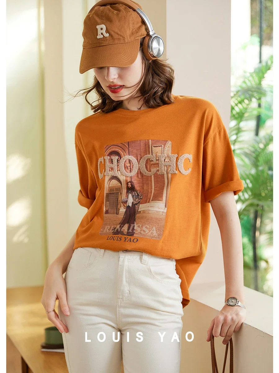 LOUIS YAO Women T-shirt 2024 Summer New 100% Cotton Tee O Neck Short Sleeve Print Casual Loose Pullover Top