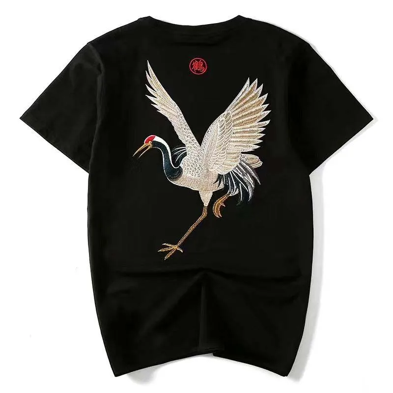 

Cotton Summer New Fashion Brand Chinese Style Vintage Ethnic Style Trend Sleeve Embroidery Crane Short Sleeve T-shirt Men's Loos