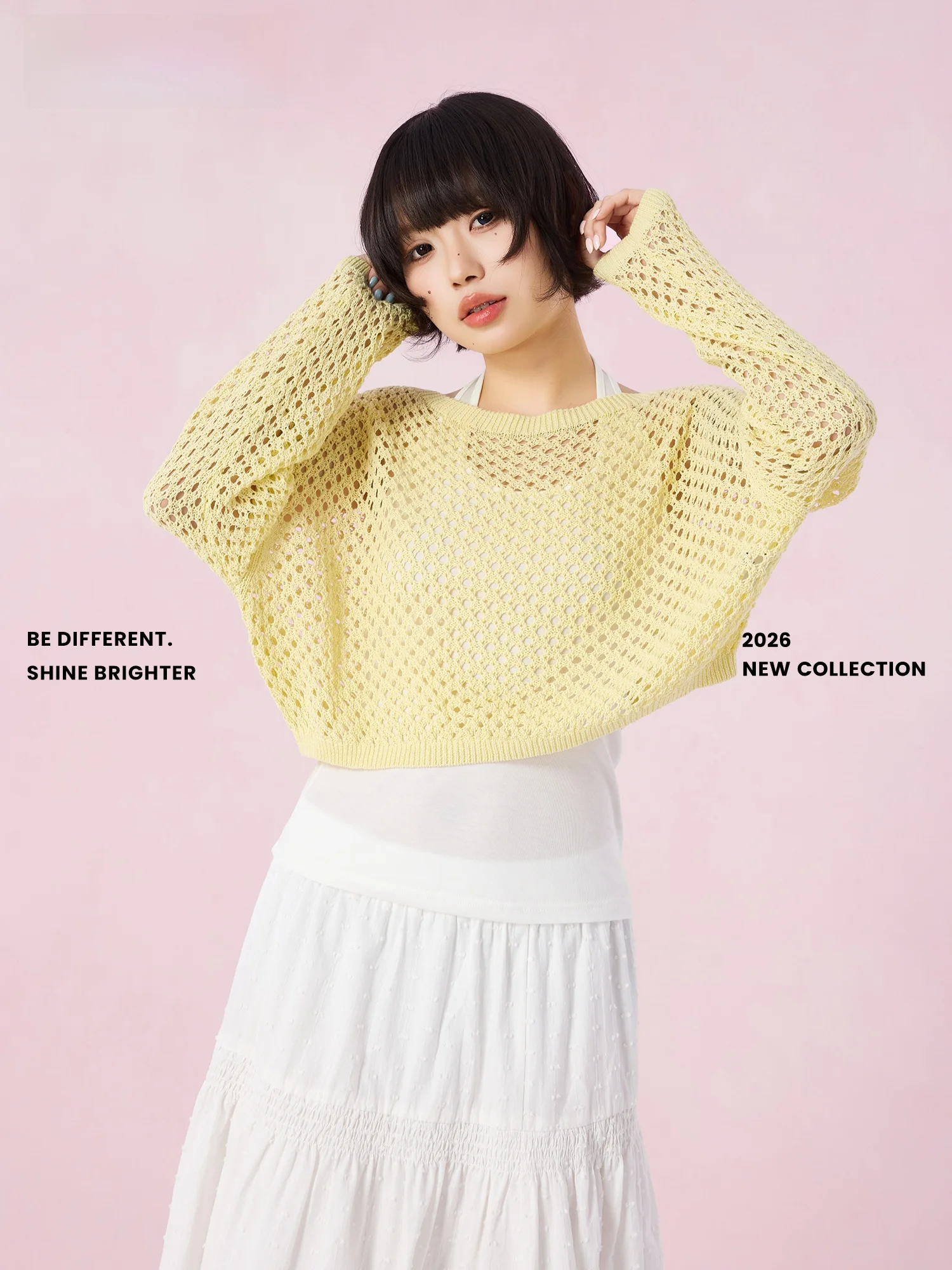 

Новинка лета: Желтый вязаный комплект Didimax из двух предметов с белыми бретелями, ажурными вставками и длинными рукавами, модный женский ансамбль DB3263BX87885