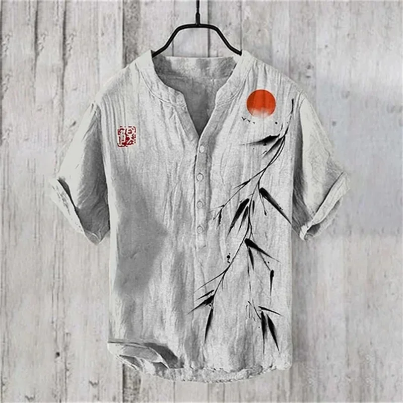 Chemise hawaïenne à col en V pour hommes, chemise en lin, motif HD, chemise de peinture de paysage de grue, grande taille, 2024 nouveau, 100%