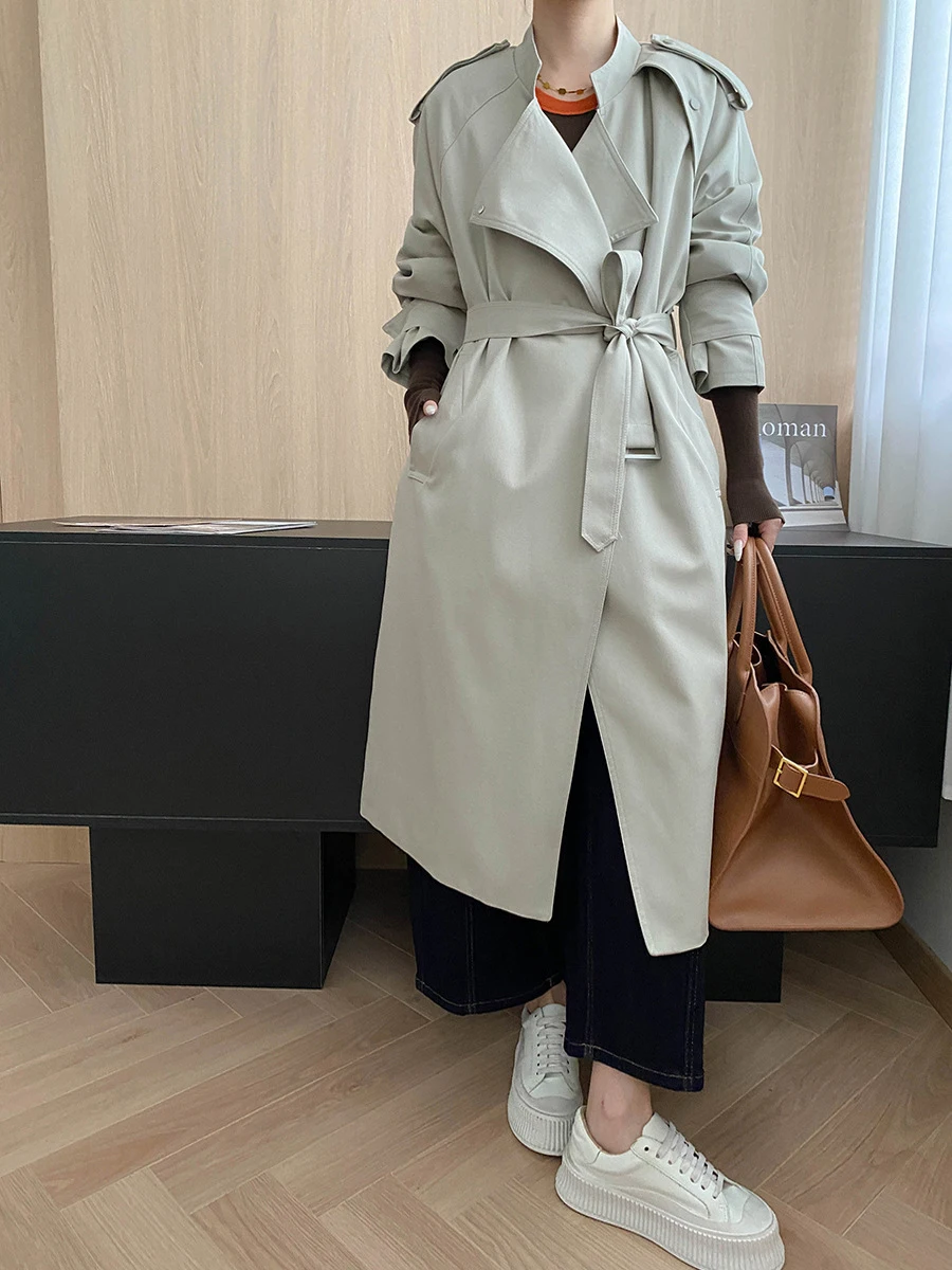 FANAN Elegante Lange Graben Mäntel Für Frauen Revers Gürtel Versammelt Taille Temperament Windjacke Mode Weibliche 2025, Winter Neue