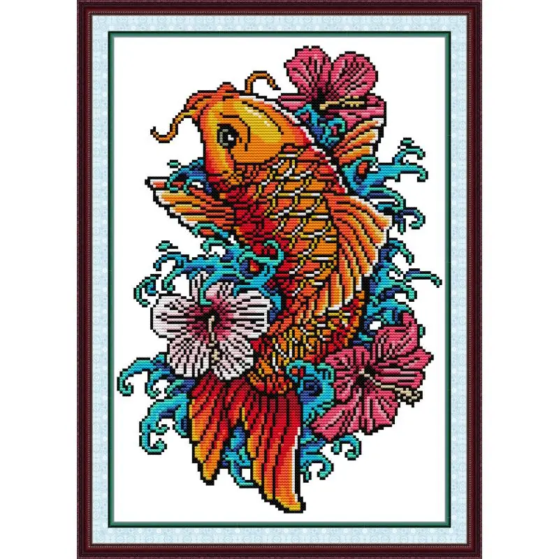 

Maydear Full Cross Stitch Kit, 11CT/14CT/16CT/9CT Aida Fabric,DMC Threads Sewing Pattern Embroidery Set-Carp 2