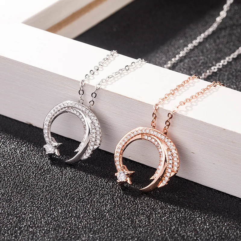 Sole Memory Moon Star 925 Sterling Silver Meteor Garden Slip Falling Meteor Micro-Inlaid Necklace For Women Birthday Gift NE295