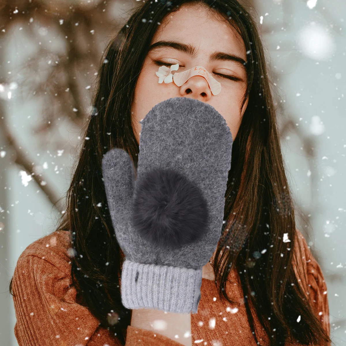 

2 Pairs Black Mittens Winter for Women Thermal Outdoor Gloves Fleece Lined Wool