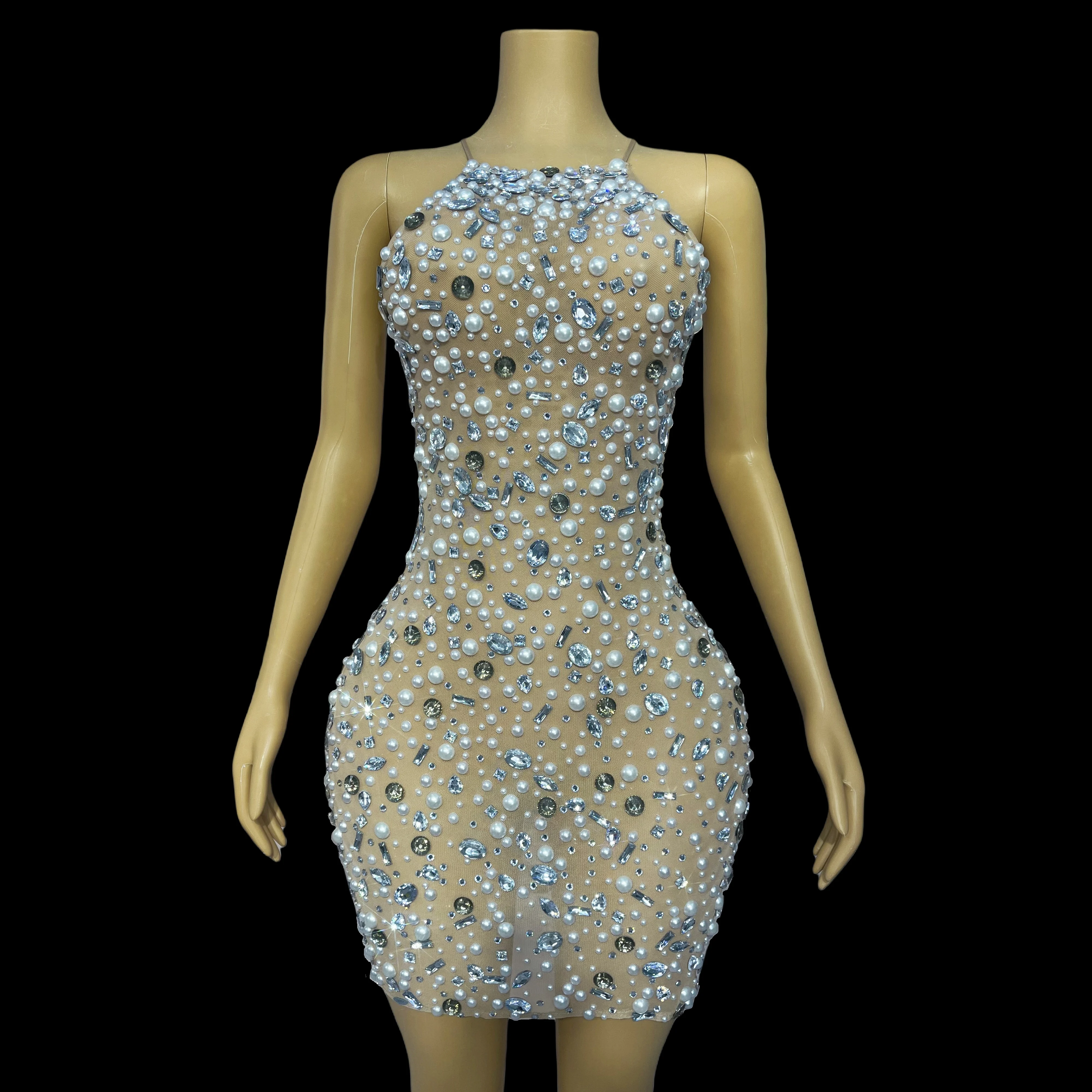 

Handmade rhinestone, pearl mesh, suspender dress, birthday celebration, cocktail party, performance, stage attire Bingchuan