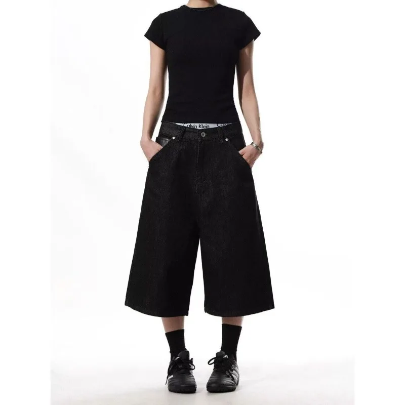 Summer Women's Bright Line Embroidery Shorts High Waist Wide Leg Half Pants Female Streetwear Unisex Calf-length Trousers