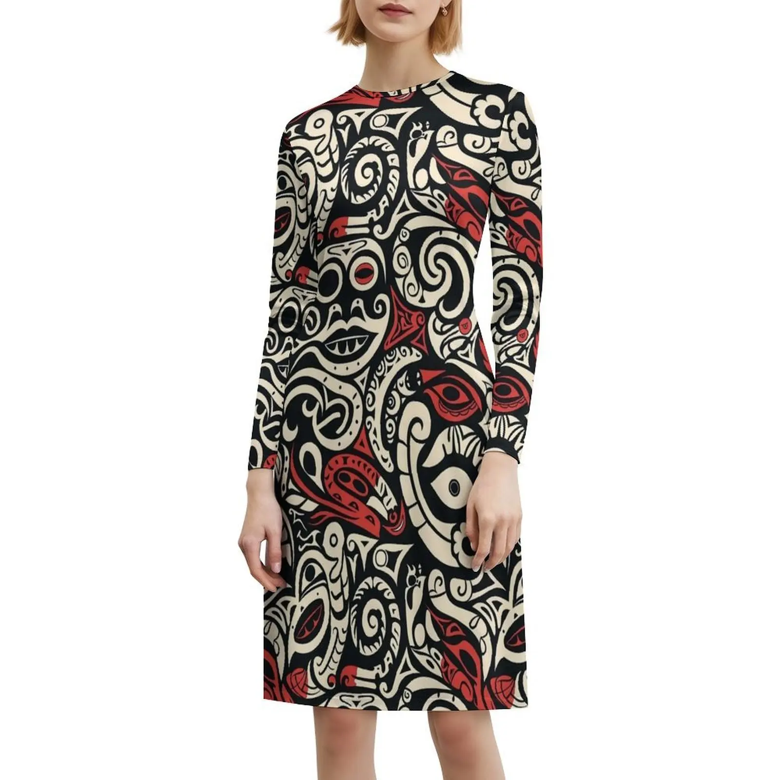 الملونة الكرتون نمط الماوري الوشم الكورية نمط فستان كاجوال للنساء بسيط اليومية مكتب سيدة فساتين القبلية الوشم #6