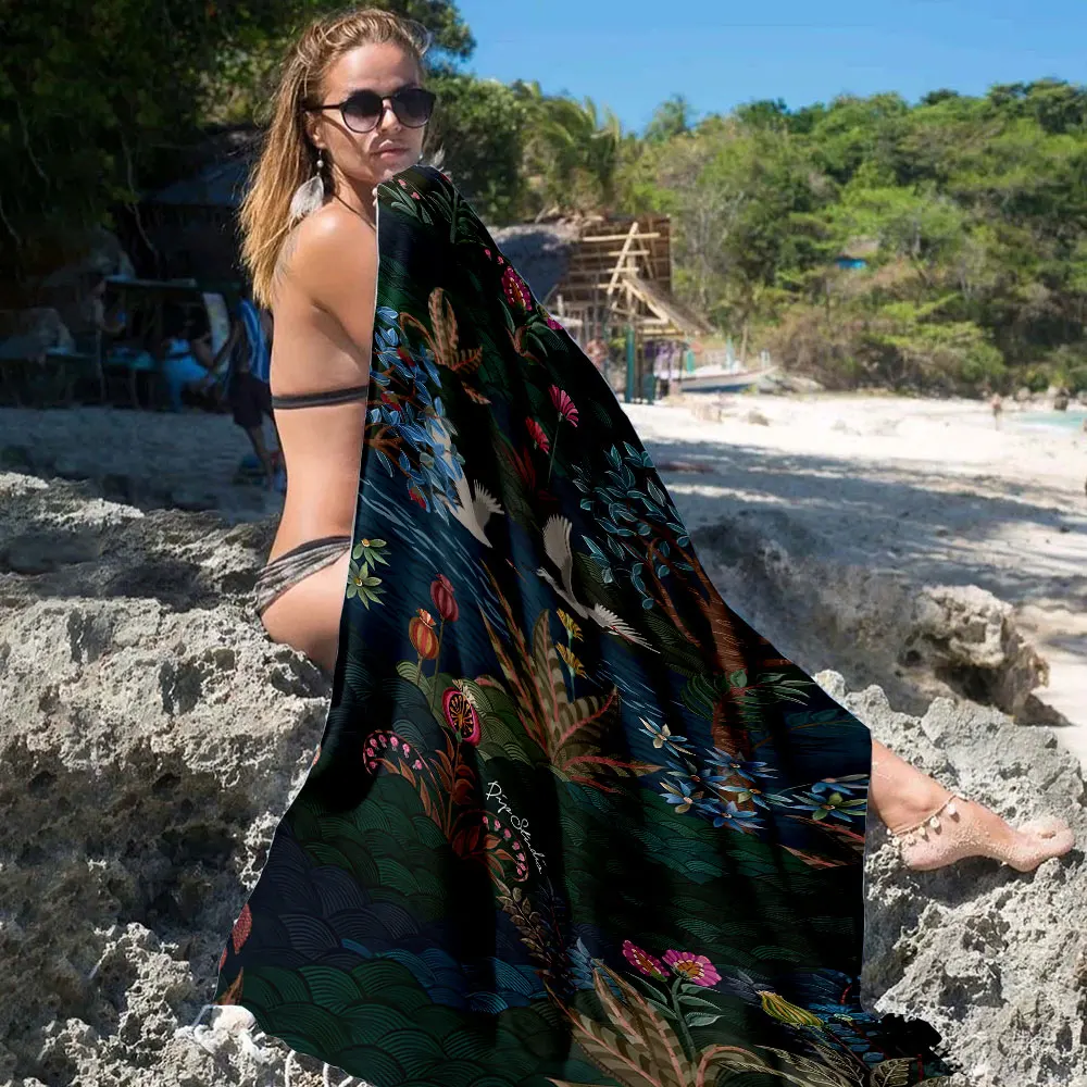 dark jungle crane floral Quick Drying Microfiber Beach Towel Lightweight for Swimming Camping Yoga - Bath Towel