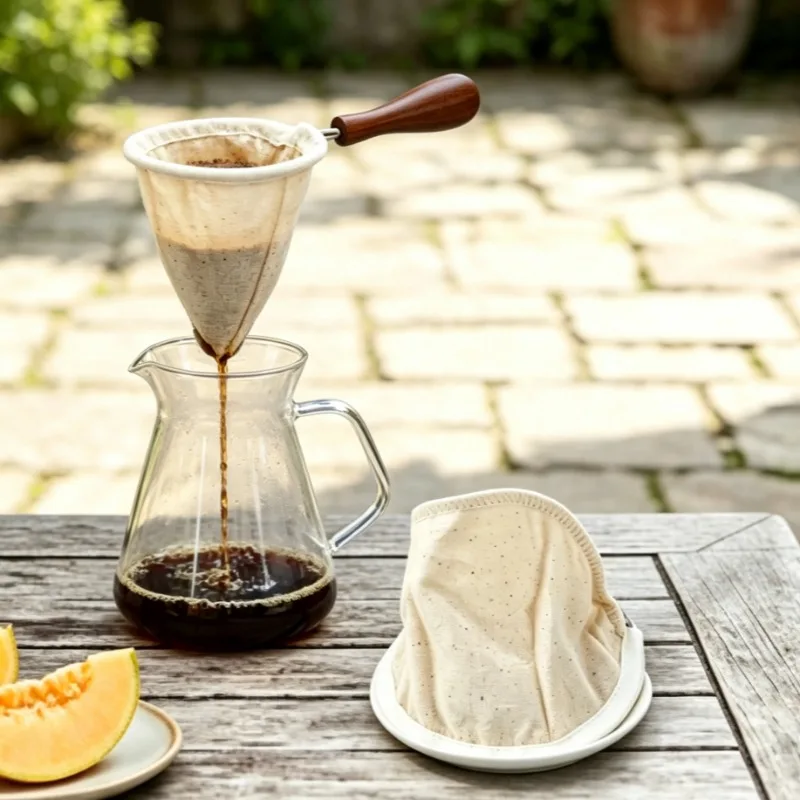 Coffee Sock Filter, Washable Coffee Strainer Cloth ,2pcs Cloth Coffee Filters with Wooden Handle for Homemade Coffee Maker
