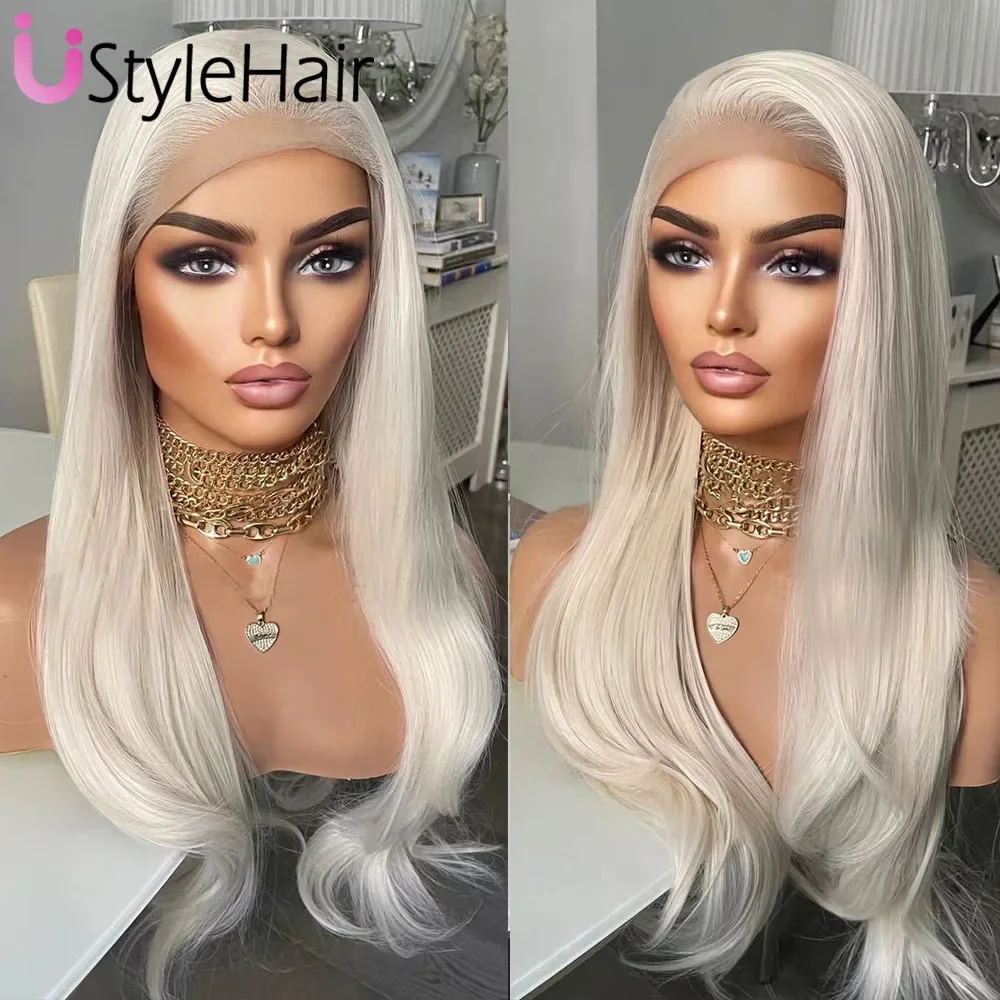 UStyleHair Parrucca anteriore in pizzo biondo platino Onda naturale Capelli sintetici Uso quotidiano Parrucche in platino Cosplay Party Drag Queen