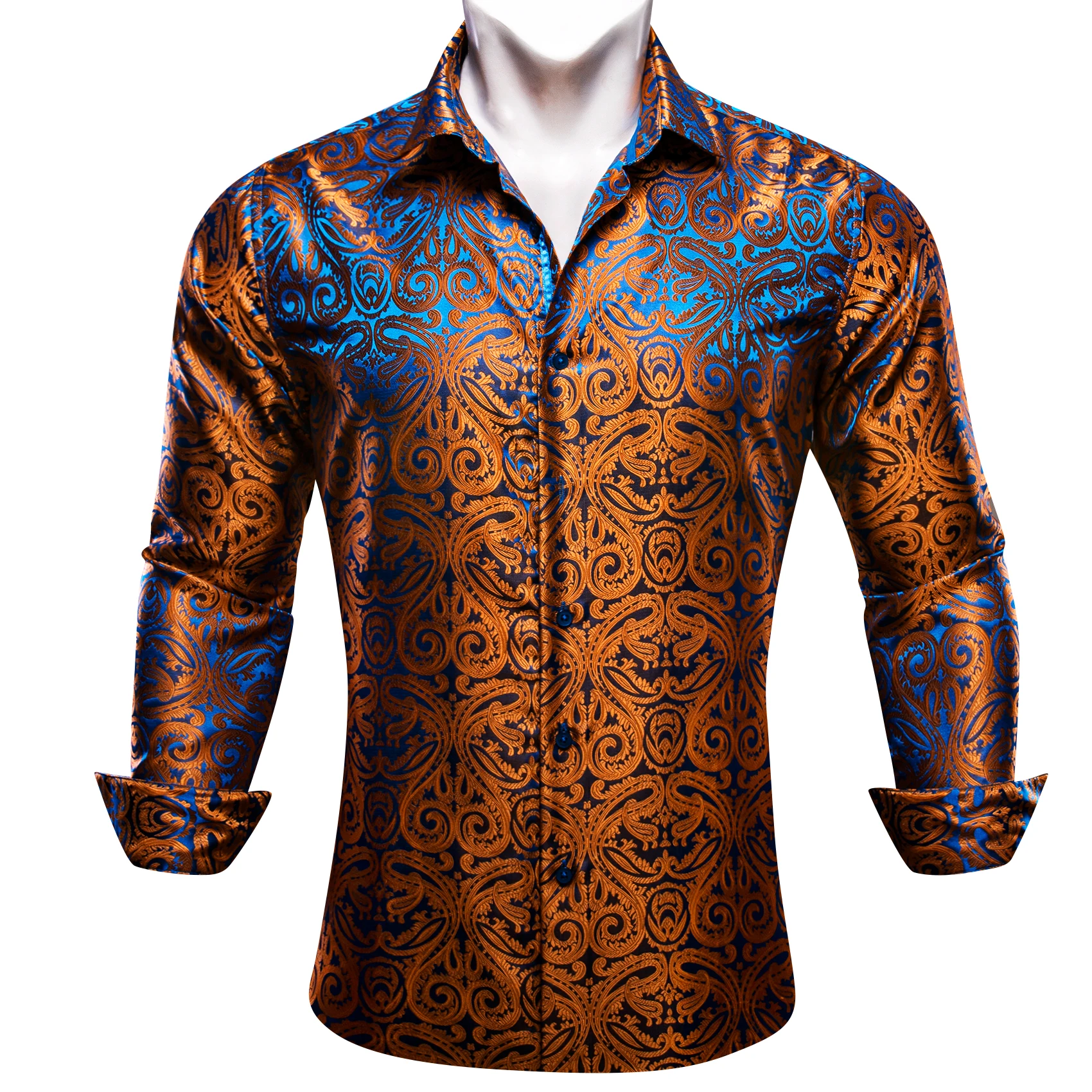 Luxury Shirts for Men Long Sleeve Silk Gold Blue White Black Red Green Purple Silver Paisley Embroidered Casual Blouses Lapel